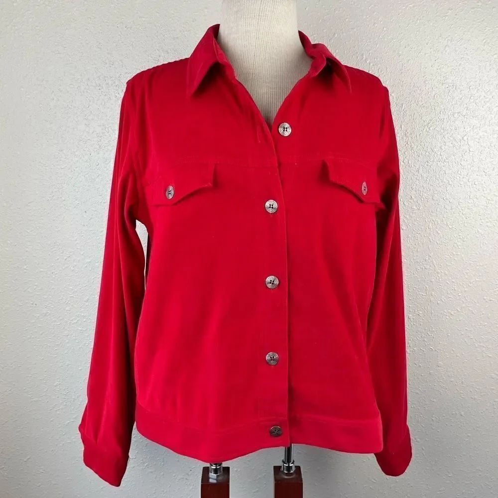 Christopher & Banks Red Velour Button Down Shirt Size M EUC